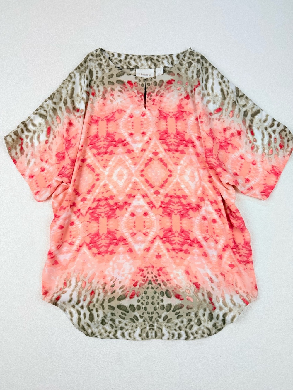 Chico’s Animal Print Tunic Top Coral Pink Boho Lagenlook Short Sleeve Blouse